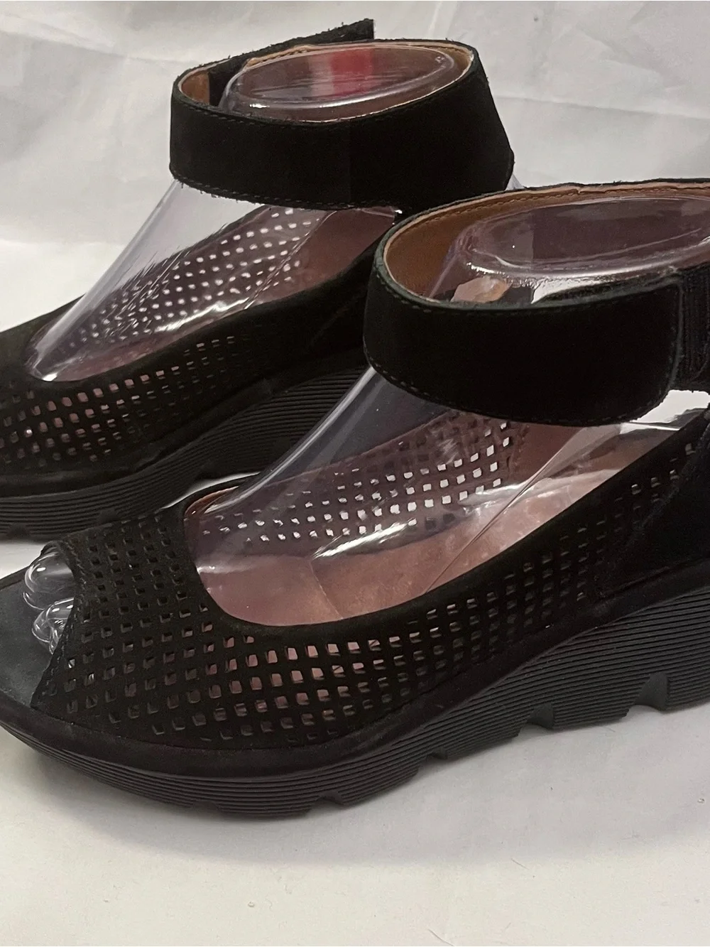 Clarks Reedly Salene Women's Black Suede Peep-Toe Ankle Strap Wedge